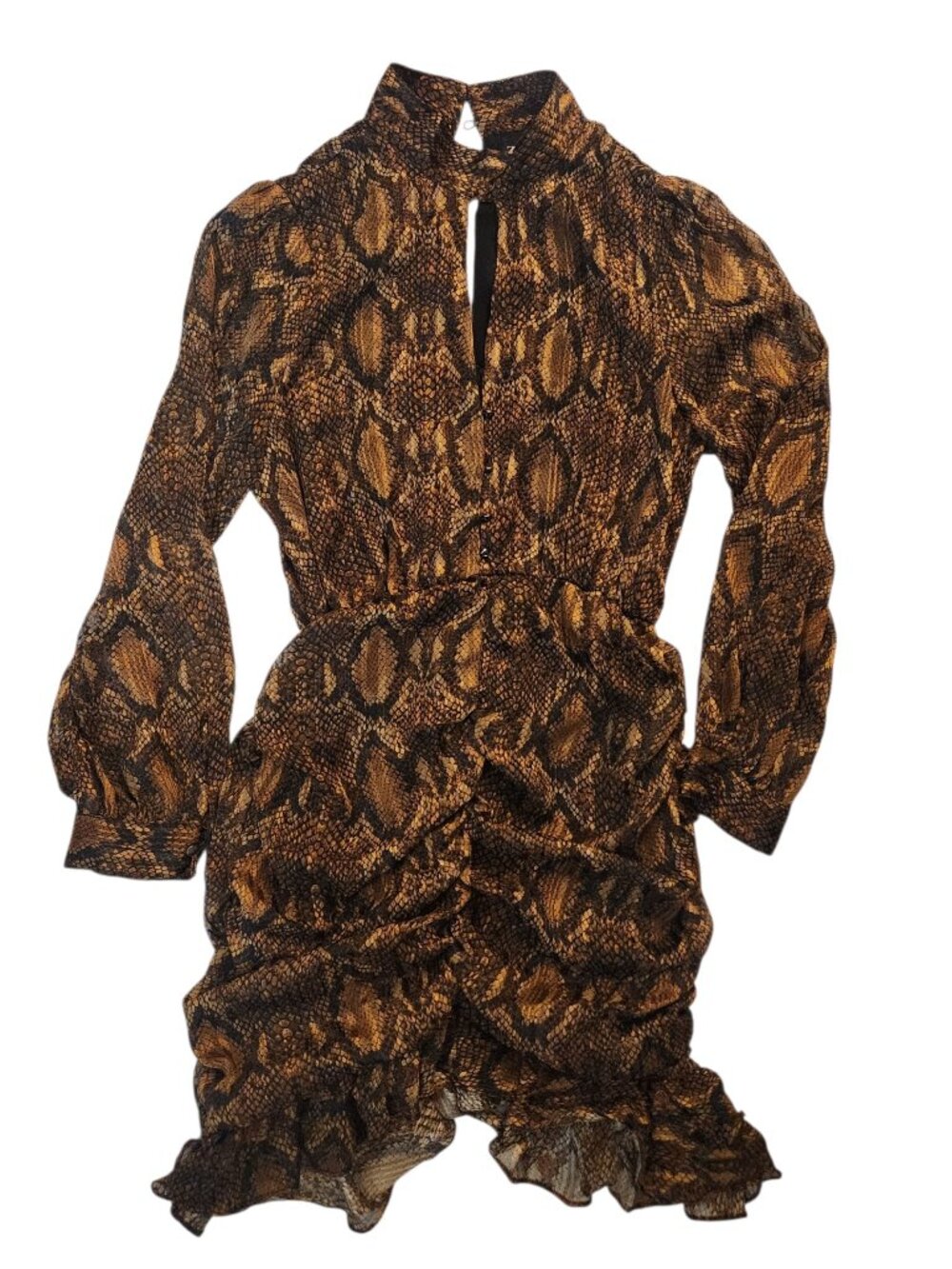 Zara Brown Snake Print Mini Dress Size L Long Sleeve Ruffles Button Closure